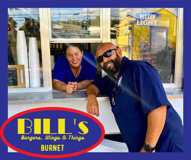 owners of Bill's Burgers, Wings and Things restaurant and bar in Burnet, TX