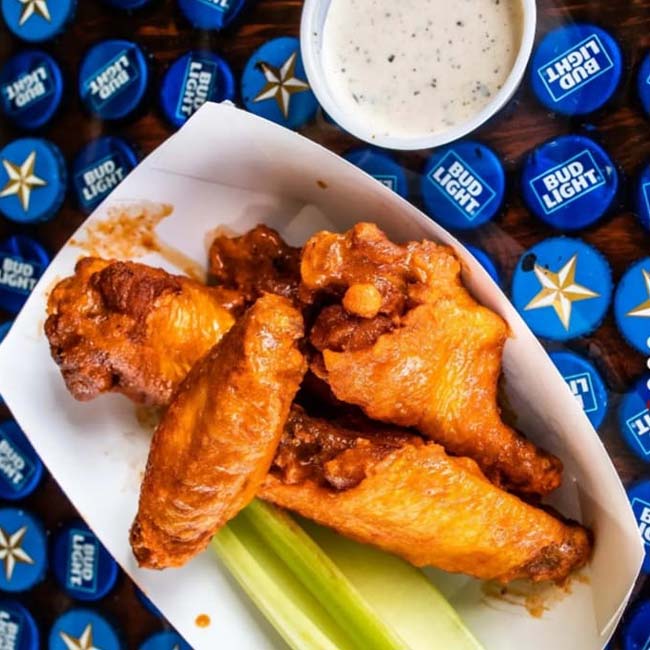 Buffalo chicken wings served at Bill's Burgers, Wings and Things restaurant and bar in Burnet, TX