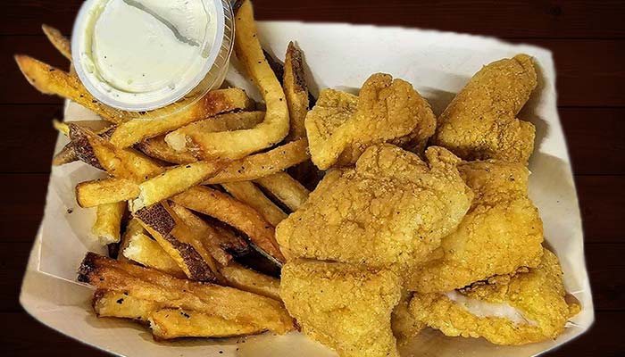 Hand cut french fries and fish fry served at Bill's Burgers, Wings and Things in Burnet, TX