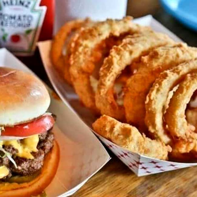 Hand-cut onion rings served at Bill's Burgers, Wings and Things restaurant and bar in Burnet, TX